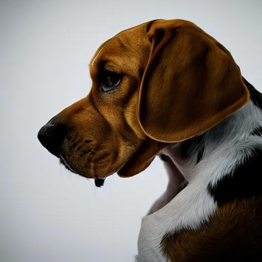 Prompt: depressed beagle in a dark room, movie still, photography, DSLR 35mm, low light photography, sadness