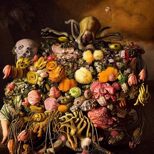 Image similar to disgusting disturbing strange dutch golden age oil painting bizarre mutant flower floral still life with many human toes realistic human toes blossoming everywhere insects very detailed fungus tumor disturbing tendrils bizarre slimy forms sprouting up everywhere by rachel ruysch christian rex van minnen black background chiaroscuro dramatic lighting perfect composition masterpiece high definition 8 k 1 0 8 0 p