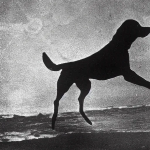 Image similar to an early 1 9 0 0 s photograph of a luminescent black dog levitating high over the beach, magical orbs, moonlight, nighttime