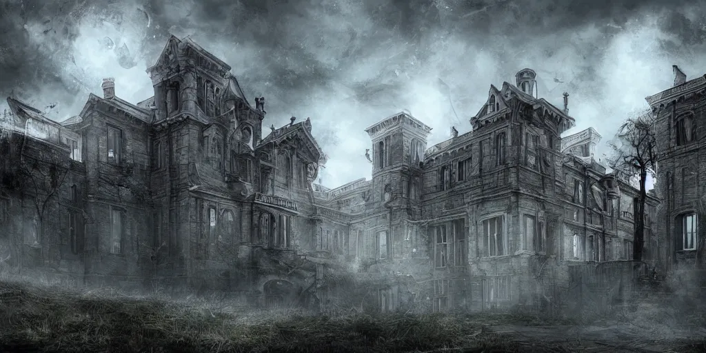 Image similar to Lunatic Asylum, majestic, mysterious, epic scenery, dark fantasy, concept art, wide angle