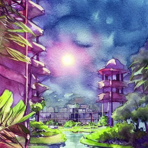 Image similar to Beautiful happy picturesque charming sci-fi town in harmony with nature. Beautiful light. Water and plants. Nice colour scheme, soft warm colour. Beautiful artistic watercolor by Lurid. (2022)