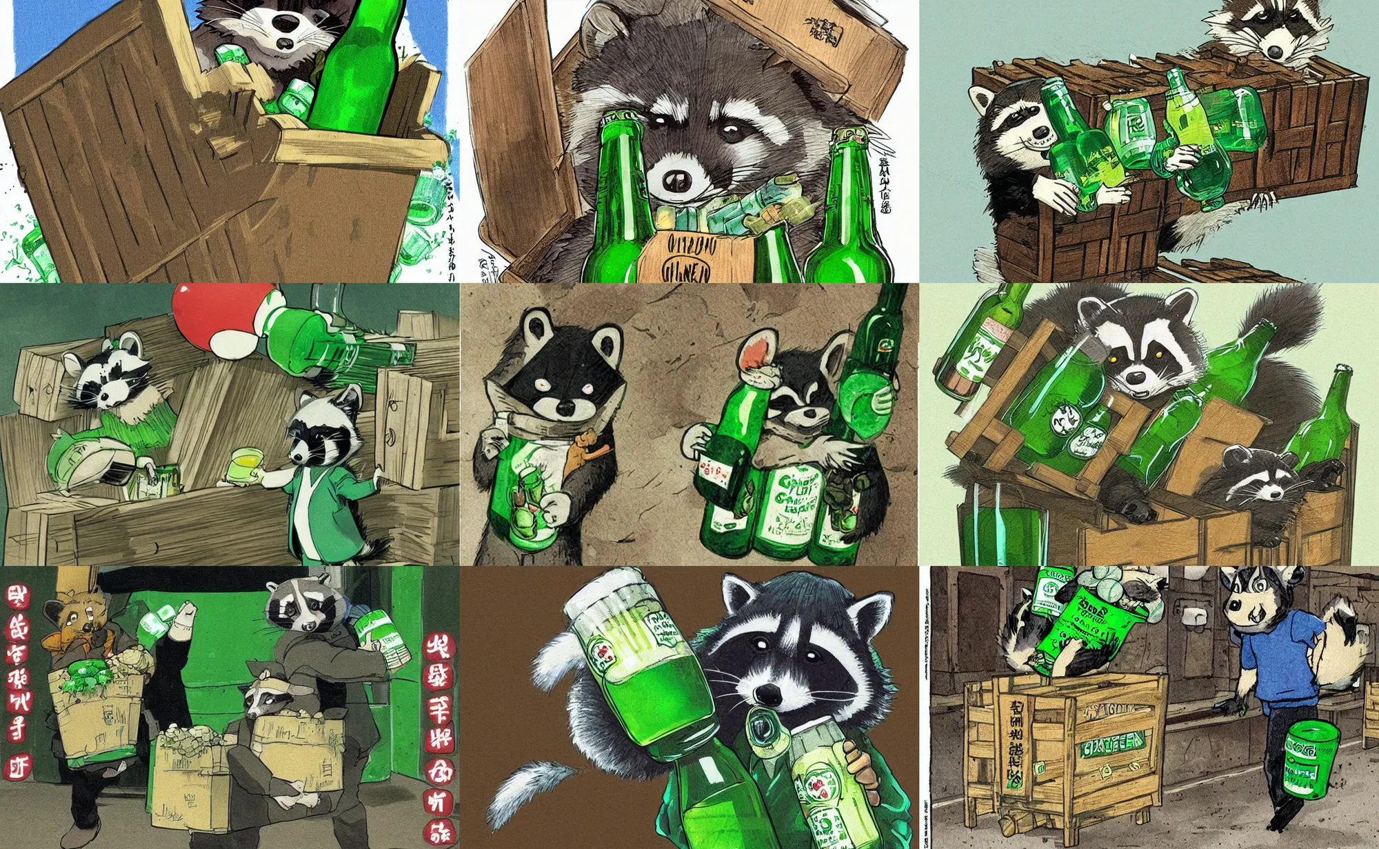 Prompt: an illustration concept art of a racoon carrying a crate full of green beer bottles very cute, kim jung ji katsuhiro otomo