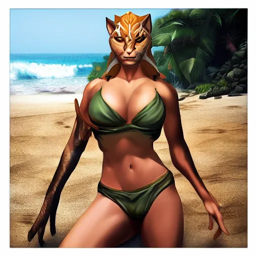 Image similar to khajit from skyrim in a bikini on the beach drawn by artgerm