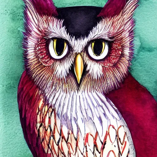 Prompt: a full body Portrait of a Royal Cat Owl, feathers of ruby and gold, Lorenz Stöer, #watercolor anime trending on artstation