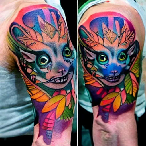 Image similar to shoulder tattoo of a multicolored hallucinogenic cute bush baby, eyes are colorful spirals, surrounded with colorful magic mushrooms and rainbowcolored marihuana leaves, insanely integrate