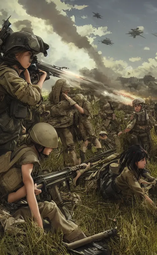 Prompt: anime style, modern warfare, panoramic view of 1 girl under artillery fire, trench and sandbags in background, soldier clothing, long hair, hair down, symmetrical facial features, from arknights, wallpaper, trending pixiv, safebooru, volumetric lighting, by alphonse mucha, greg rutkowski, sharp focus, backlit