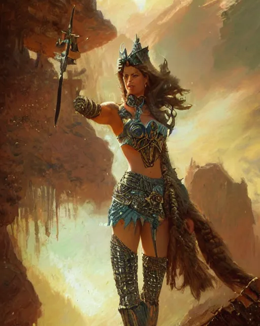 Prompt: a fierce and muscular warrior princess in scale mail, fantasy character portrait by greg rutkowski, gaston bussiere, craig mullins