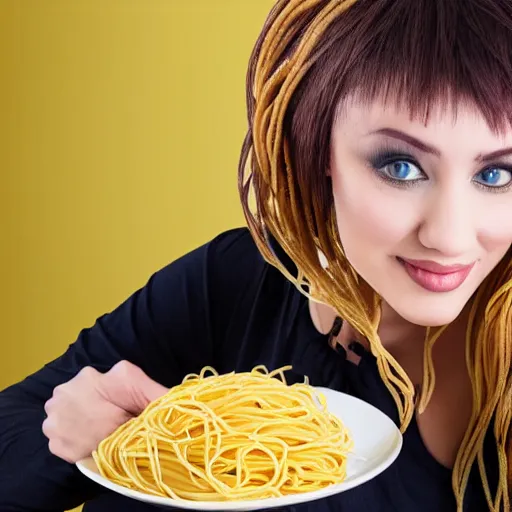 Prompt: a woman with spaghetti for hair