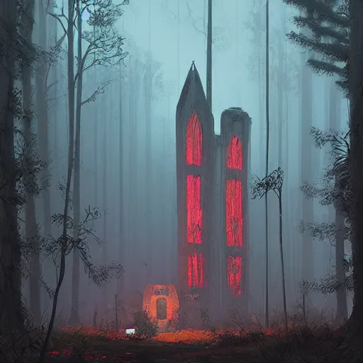 Prompt: monumental old ruins, church, tower of a dark misty forest, overcast, sci - fi digital painting by simon stalenhag