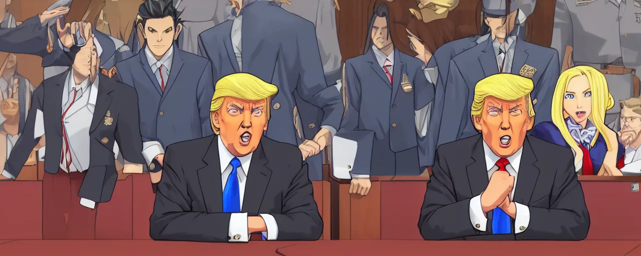 Image similar to donald trump being judged in phoenix wright, ace attorney, 4 k, high quality