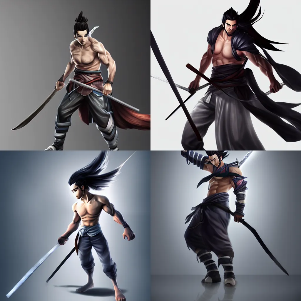 Prompt: Yasuo from League of Legends, photorealistic full body, studio lighting, white ambient background, highly detailed