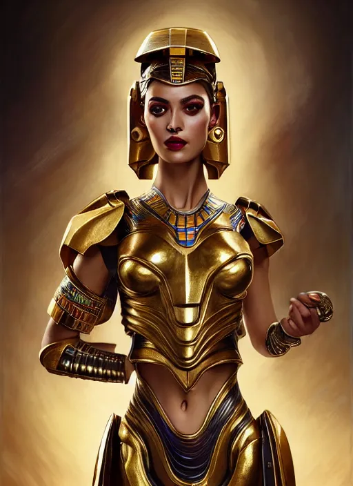 Prompt: glamorous egyptian portrait, seductive eyes and face, elegant, lascivious pose, very detailed face, studio lighting, photorealism, wearing Forerunner armor from Halo portrait by Magali Villeneuve and Steve Argyle,Livia Prima,Mucha,dress,fantasy art,beautiful,artstation,trending on artstation,intricate details,alluring,masterpiece