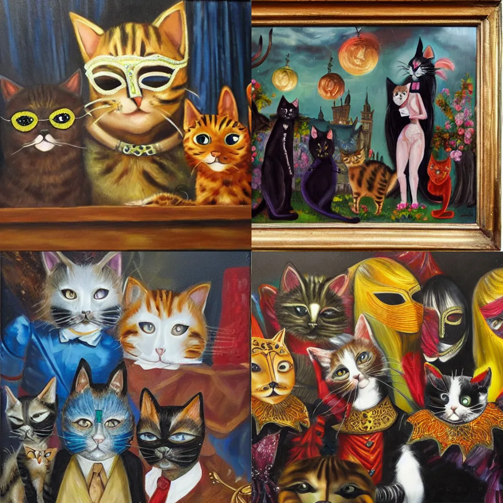 Prompt: a masquerade ball featuring cats, dramatic oil painting,