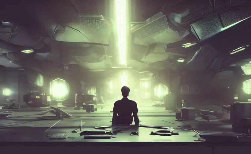 Prompt: a young man in front of computer screens, sci-fi, digital art, rendering, octane, redshift, 4k