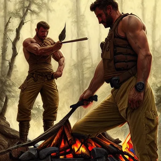 Image similar to Rugged male rangers relaxing by the fire, relaxed, D&D, muscular, after hunting, upper body, fantasy, intricate, elegant, highly detailed, digital painting, artstation, concept art, smooth, sharp focus, illustration, art by artgerm and greg rutkowski and alphonse mucha