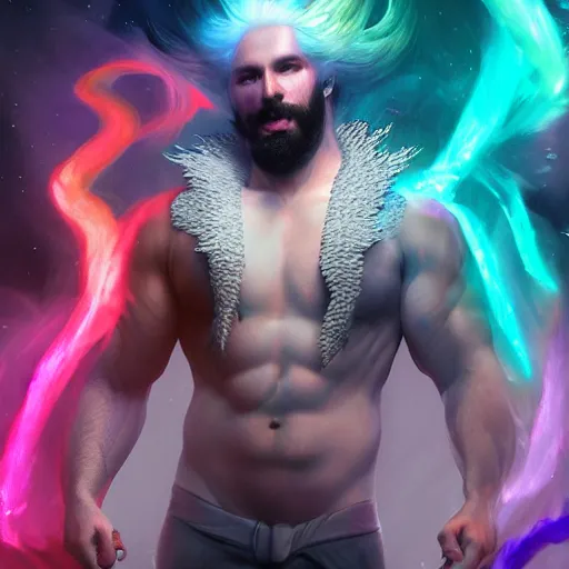 Prompt: 🧙🏻♂ with rainbow beard riding a white 🐉, 🪨💧🔥, cinematic, cgsociety, artstation, 4 k, dynamic light