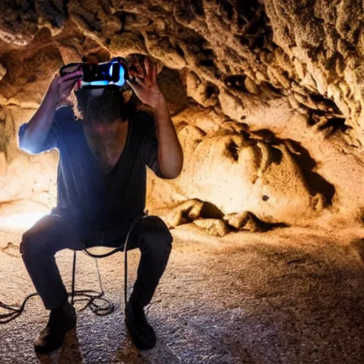 Image similar to a caveman with a vr virtual reality headset in a cave