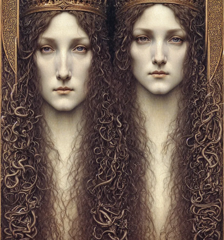 Image similar to detailed realistic beautiful young medieval queen face portrait by jean delville, gustave dore and marco mazzoni, art nouveau, symbolist, visionary, gothic, pre - raphaelite. horizontal symmetry