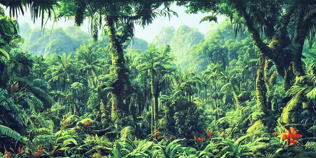 Image similar to incredible jungle landscape on an alien planet, lush, by Robert McCall