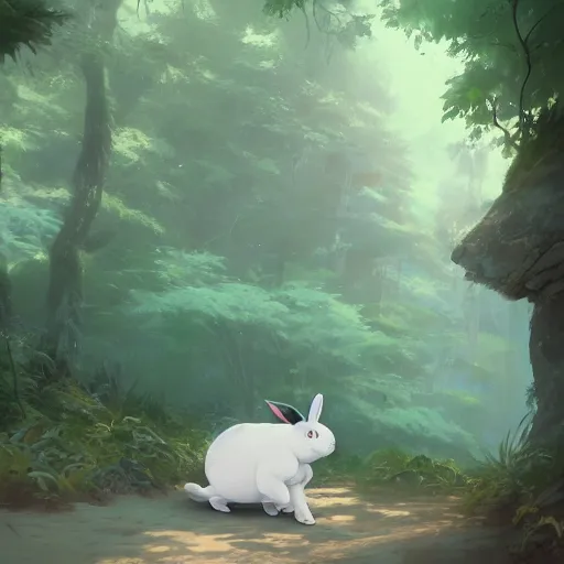 Image similar to concept art painting of a chubby white rabbit wearing a turquoise dress, in the deep forest, realistic, detailed, cel shaded, in the style of makoto shinkai and greg rutkowski and james gurney