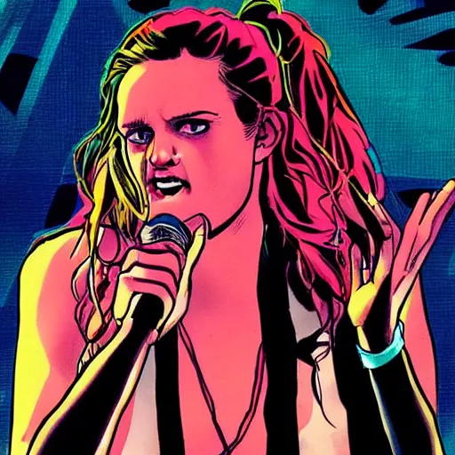 Image similar to comic book art of tove lo singing on stage,