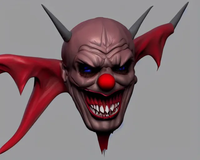 Image similar to 3d sculpt of an evil clown face with huge bat wings, skull, artstation, digital illustration