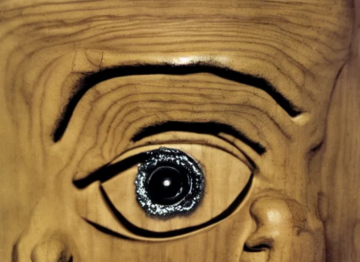 Image similar to realistic photo portrait of the a sculpture of a science of wood, eyes made of caviar poorly designed in style of arte povera, fluxus, dadaism, joseph beuys, ugly made, low quality, nonprofessional, trash levitating in the wooden room 1 9 9 0, life magazine reportage photo