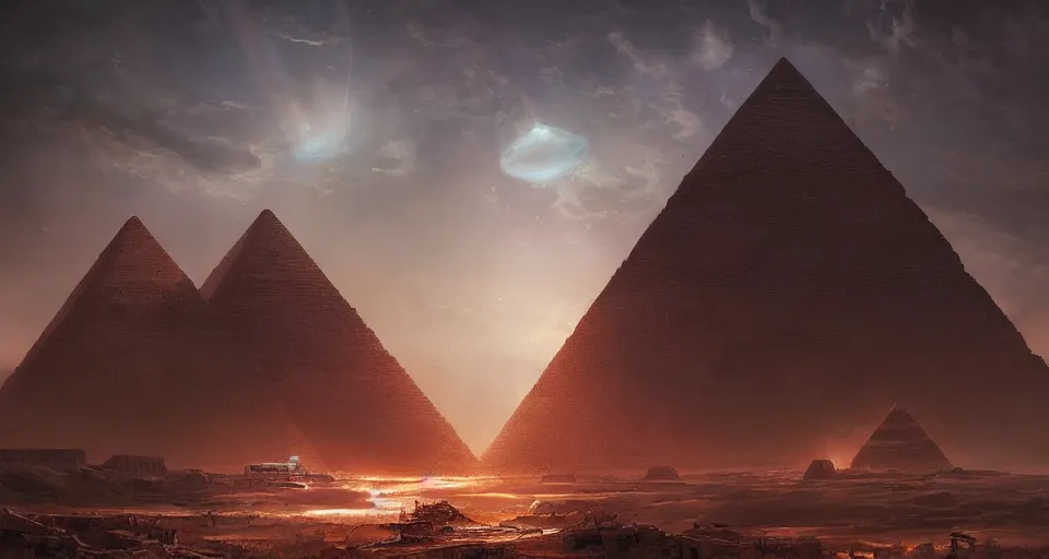 Prompt: Lost lands of Egypt by Greg Rutkowski, alien spaceship in the skies, fantasy, digital art, professional illustration, realistic, ultra detailed, atmospheric, cinematic lighting, movie concept art, hyper detailed, insanely detailed, corona render, octane render, colorful redshift render, 8k