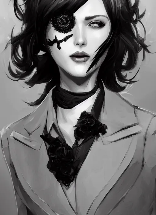 Image similar to a highly detailed illustration of beautiful short black messy haired woman wearing eyepatch!!! and noir style suit and tie, dramatic smiling pose, intricate, elegant, highly detailed, centered, digital painting, artstation, concept art, smooth, sharp focus, league of legends concept art, WLOP