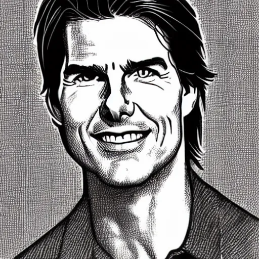 Image similar to a portrait drawing of Tom Cruise drawn by Robert Crumb