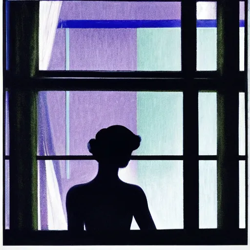 Prompt: silhouette of a woman gazing out the window of her hotel room, rainy night, neon lighting, extremely detailed masterpiece, by Edward Hopper