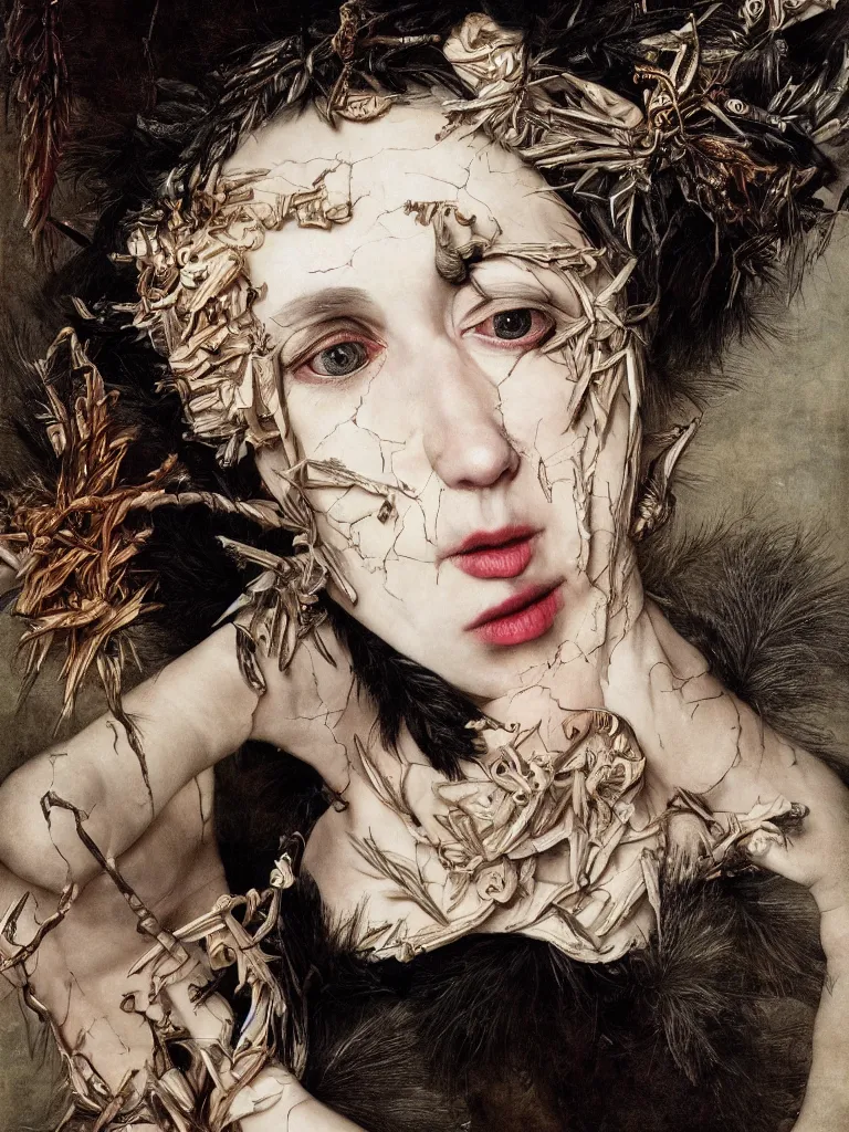 Image similar to Detailed maximalist portrait with cracked porcelain skin, dark doe eyes, a mouth like PJ Harvey, feather and milk, HD mixed media, 3D collage, highly detailed and intricate, surreal illustration in the style of Caravaggio, dark art, baroque