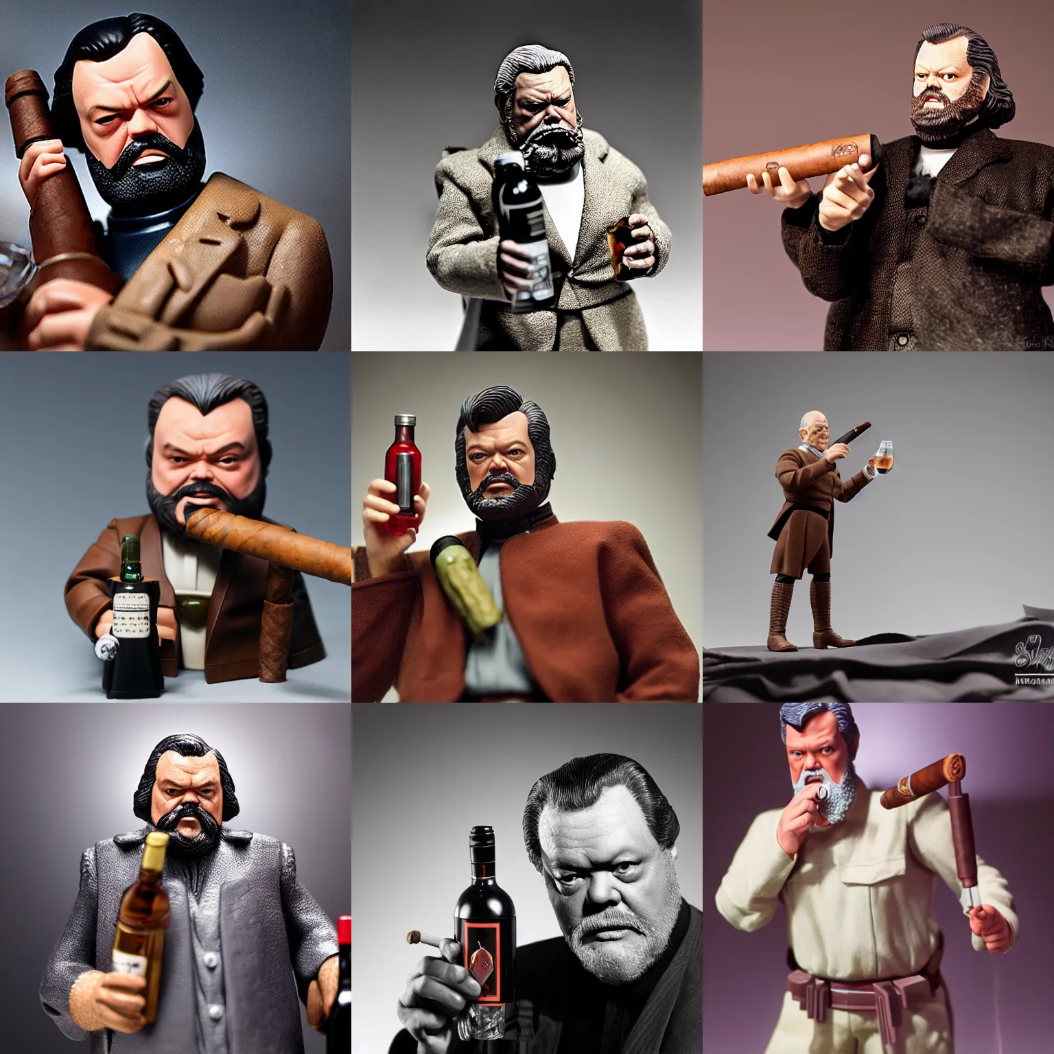 Prompt: detailed orson welles star wars action figure, holding wine bottle, smoking a cigar, 3 5 mm photograph, product studio lighting