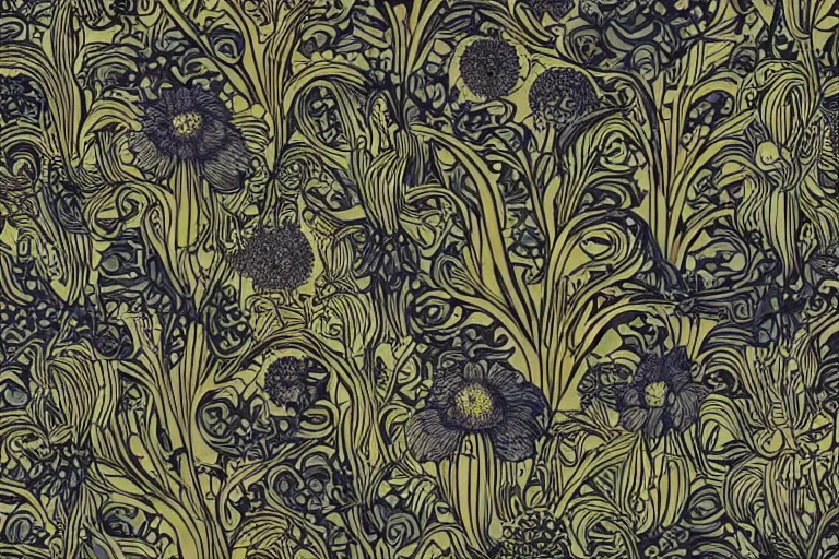 Image similar to elegant pattern of surreal, organisms, flowers isolated in a black background : : art nouveau, by rafał olbinski