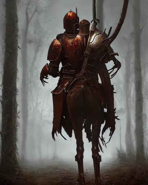 Image similar to Hyper realistic painting of a knight in full plate armor that has completely turned to rust, hyper detailed, surrounded by a dark forest, fog, moody, creepy, cinematic lighting, by greg rutkowski, trending on artstation