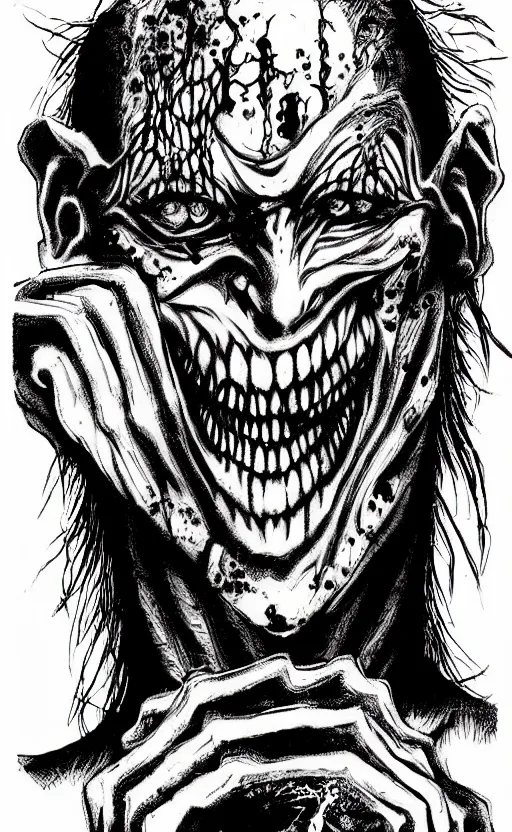 Image similar to full body portrait of villainous jester, dark, twisted, manga, comic, by junji ito. twisted. horror.