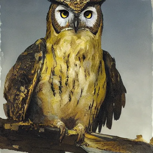 Image similar to shredded physique feathered round neck beak Portrait of Henry James camouflaged as Owl whilst wearing a yellow tuxedo Standing atop a Garbage Truck Greg Rutkowski Vik Muniz clarence holbrook carter Andrew Wyeth Dan Witz