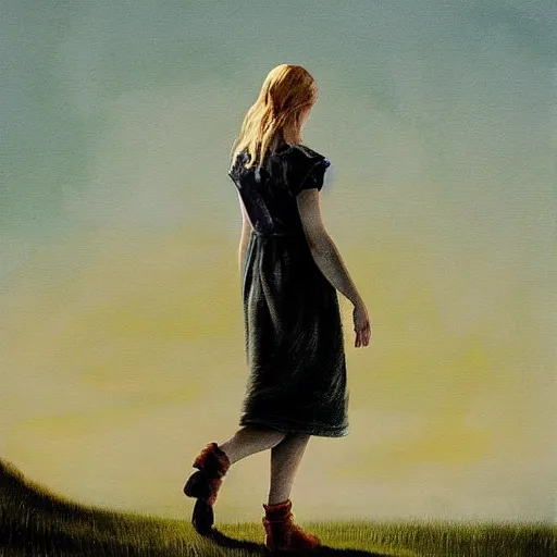 Image similar to Elle Fanning in the painted world of The Road, head and shoulders masterpiece, apocalypse, golden hour, cosmic horror, artstation, in the style of Andrew Wyeth and Edward Hopper and Bosch, extremely detailed