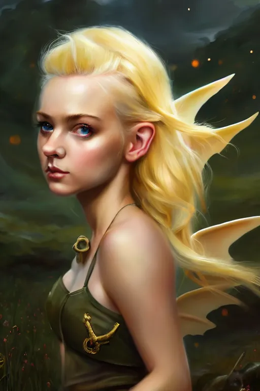 Image similar to cinematic shot of an epic portrait of a cute blonde fairy dressed in military clothes, stylised military clothes, shiny skin, beautiful eyes, beautiful, small details, night setting, realistic poster with volumetric light from craig mallism, artgerm, jeremy lipkin and michael garmash, unreal engine, radiant light, digital art, trends at art station, a masterpiece