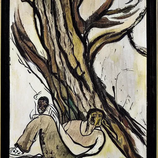 Prompt: The painting shows a man caught in a storm, buffeted by wind and rain. He clings to a tree for support, but the tree is bent nearly double by the force of the storm. The man's clothing is soaked through and his hair is plastered to his head. His face is contorted with fear and effort. Mediterranean by Bernard Buffet earthy