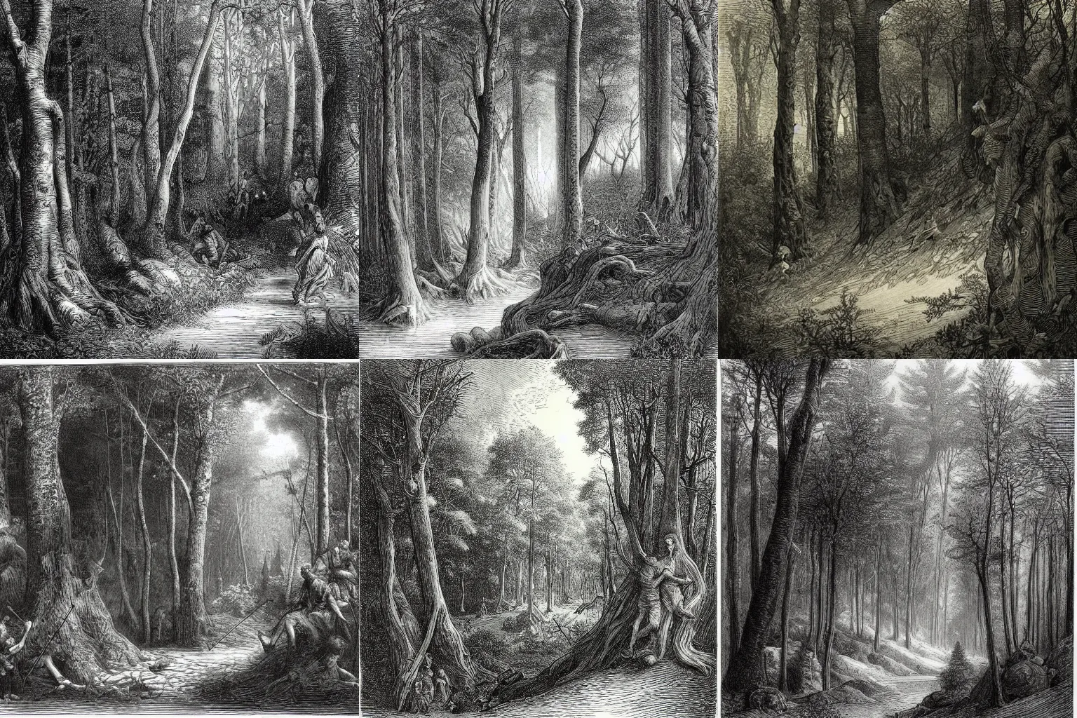 Prompt: forest scene, Gustave Doré engraving