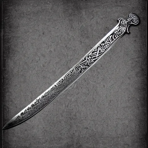 Image similar to a sword blade engraved with a medieval map design