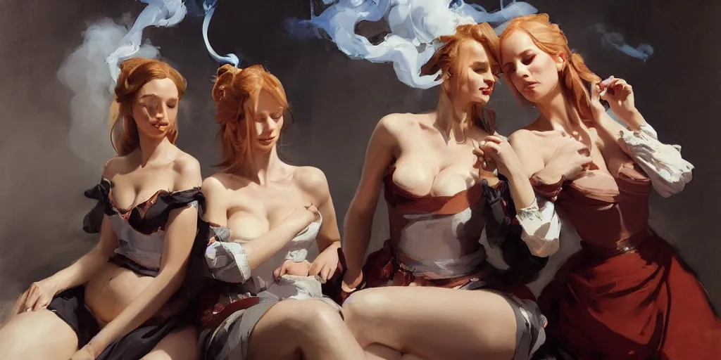 Prompt: portrait of two beautiful gorgeous captivating finnish norwegian swedish glamour models as village maidens blowing smoke tired wearing 1 7 th century falling off the shoulder bodice in dark dungeon. jodhpurs greg manchess painting by sargent and leyendecker, studio ghibli, medium shot asymmetrical intricate elegant illustration hearthstone, by greg rutkowski by greg tocchini by craig mullins