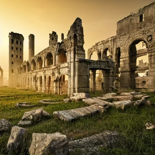 Prompt: an ancient sanctuary made of stone, abandoned, with big towers, white birds flying in the distance, vegetation covering parts of it, golden hour, mist