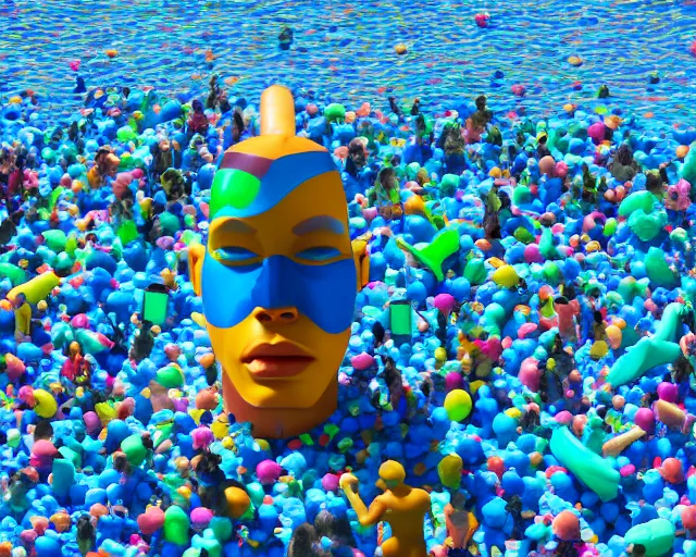 Image similar to a long shot of a giant award winning sculpture of a human head made out of a huge amount of inflatable pool toys, on the surface of the ocean, in the style of chad knight, hyper detailed, hyper realistic, ray tracing, 8 k resolution, sharp focus, realistic water