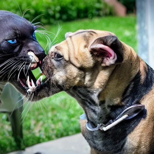 Image similar to panther shows teeth to a small long dog