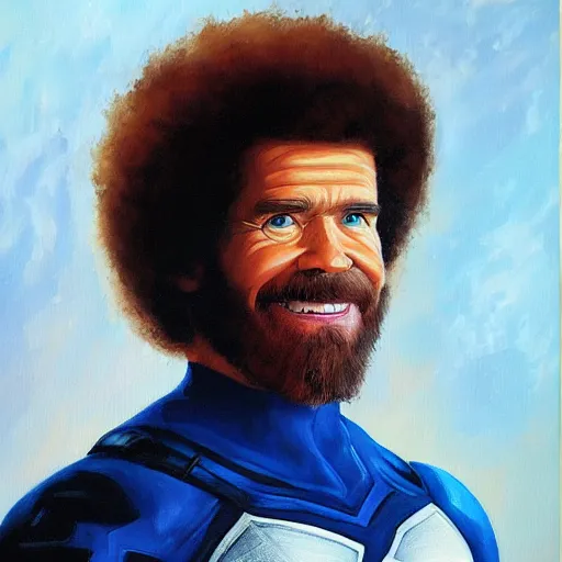 Image similar to Bob Ross as Captain America, oil painting, portrait