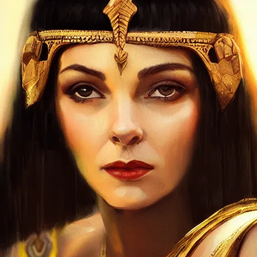 Image similar to closeup portrait of a young vivian leigh as cleopatra, palace background, dramatic light, gorgeous view, depth, high detail, digital art, painted by greg rutkowski, trending on artstation