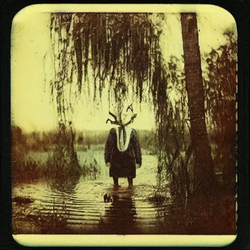 Image similar to creepy lovecraftian monster in swamp, 1910 Polaroid photo