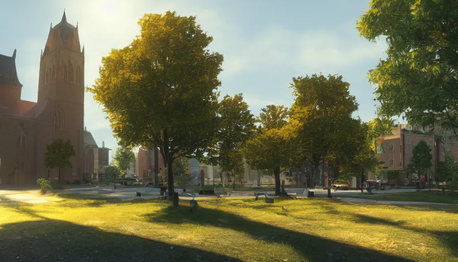 Image similar to small midwest town and city, square, trees, church, sunny day, volumetric light, hyperdetailed, artstation, cgsociety, 8 k